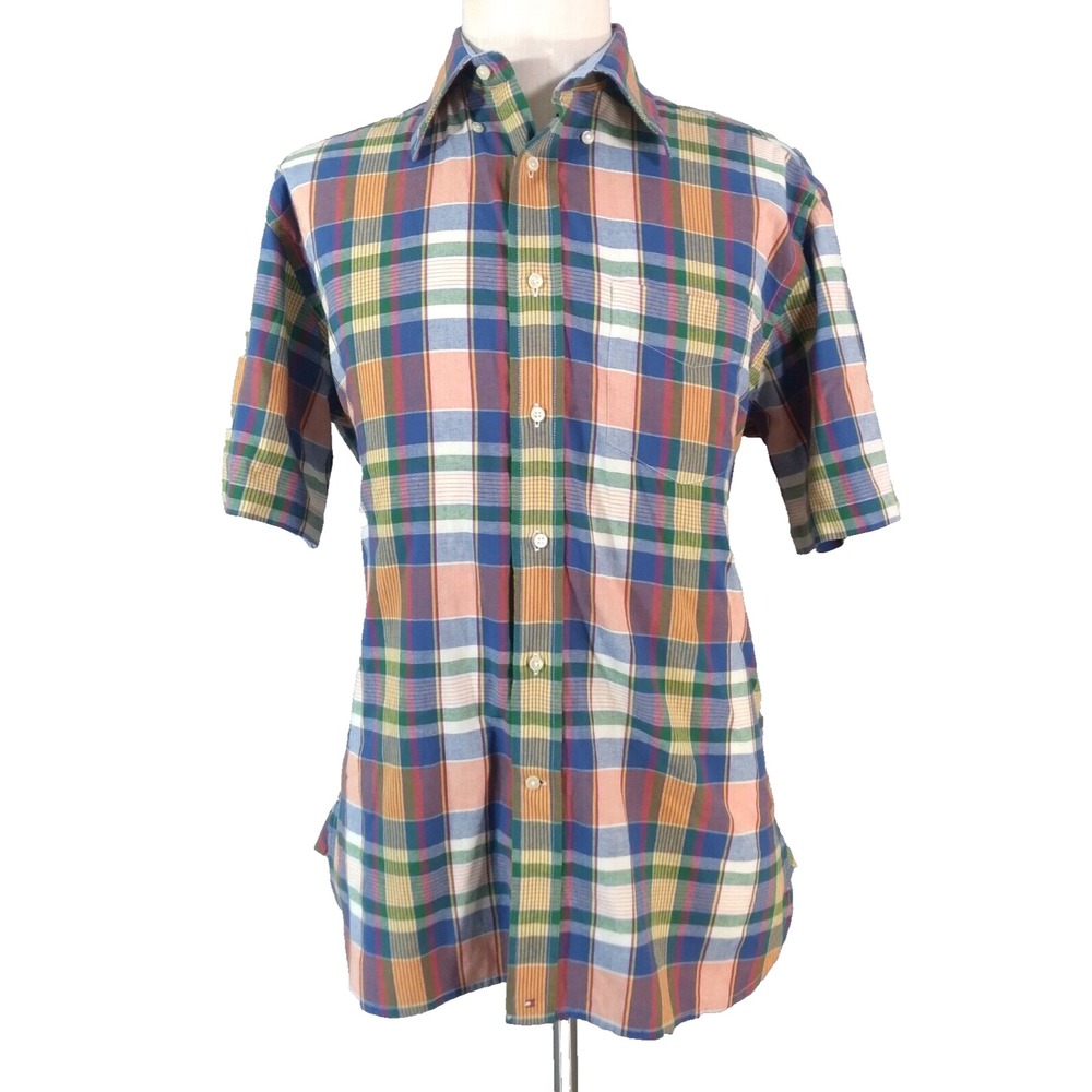 Tommy Hilfiger shirt men's medium blue plaid short sleeve cotton button-down